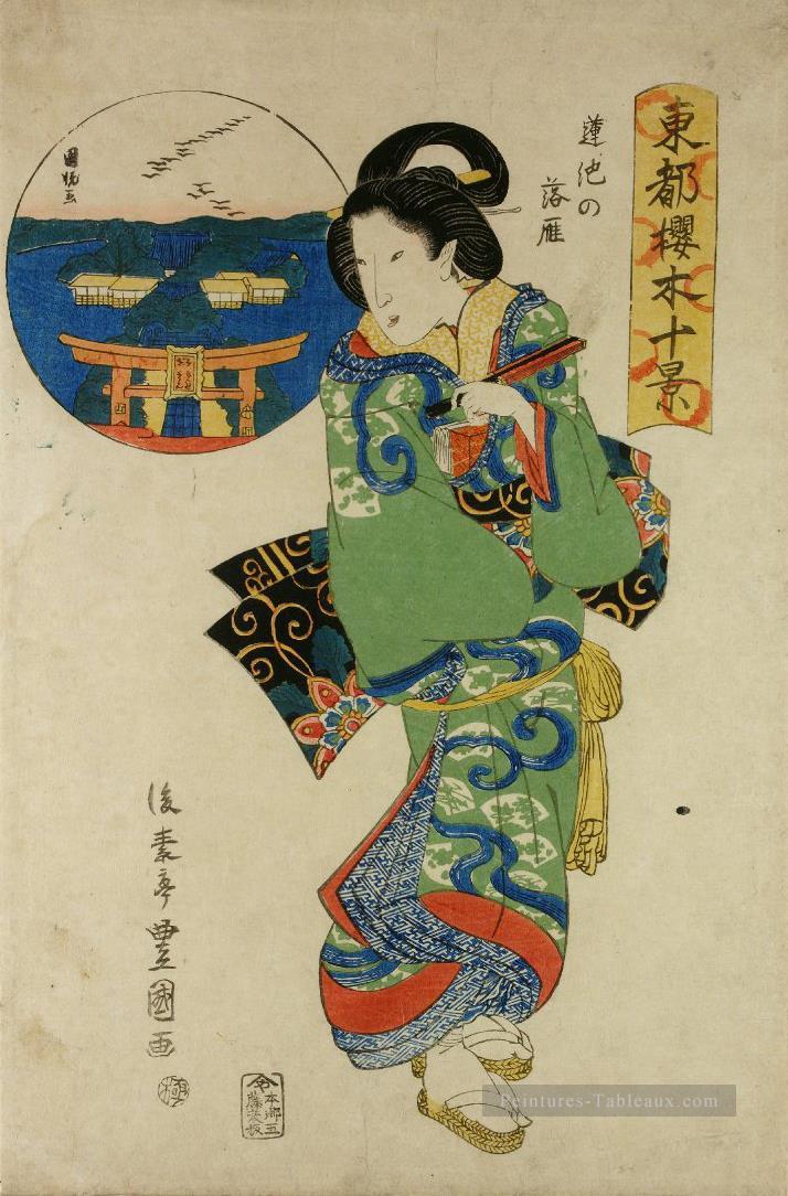 femme avec la représentation en médaillon des oies sauvages à Hasu no IKE Utagawa Toyokuni japonais Peintures à l'huile